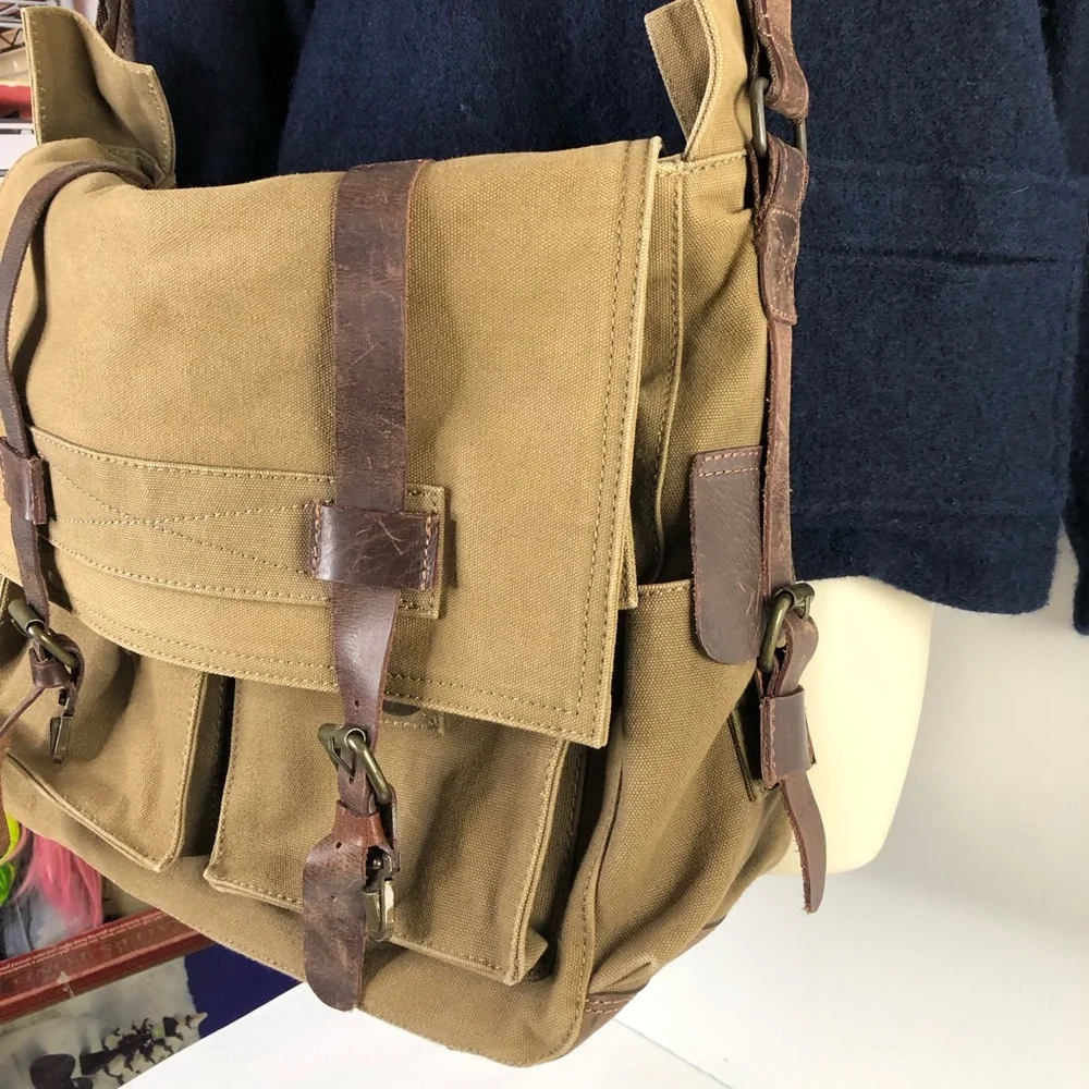 Rustic Town Men Brown Military Leather Canvas Messenger Bag L Shoulder Crossbody